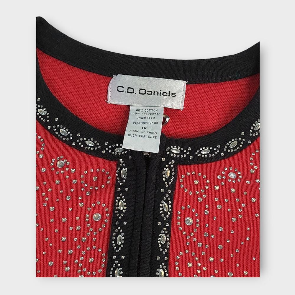 Women's C. D. Daniels Zip Up Rhinestone Red Cardigan Sweater Size 1X